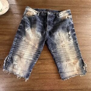 Southpole‎ Denim Biker Streetwear Shorts Mens Size 38 Blue Distressed Cut Off